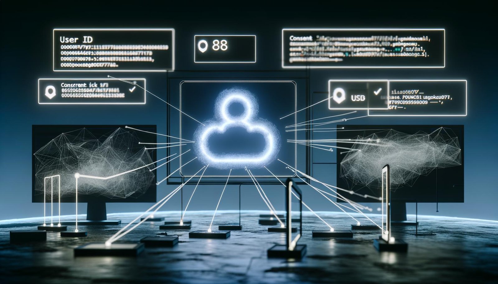 Digitale Arbeitsumgebung mit Analyse-Dashboards, Code, verbundener Nutzer-ID und DSGVO-Warnungen, im modernen Tech-Design.
