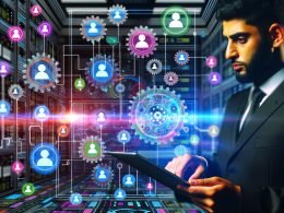 Futuristischer Maschinenraum mit integrierten Social-Media-Icons, vernetzten Datenströmen, Diagrammen und einer Person, die ein Tablet analysiert.