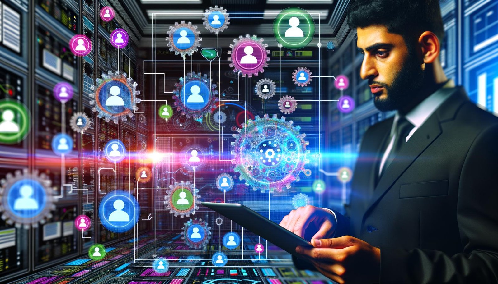 Futuristischer Maschinenraum mit integrierten Social-Media-Icons, vernetzten Datenströmen, Diagrammen und einer Person, die ein Tablet analysiert.