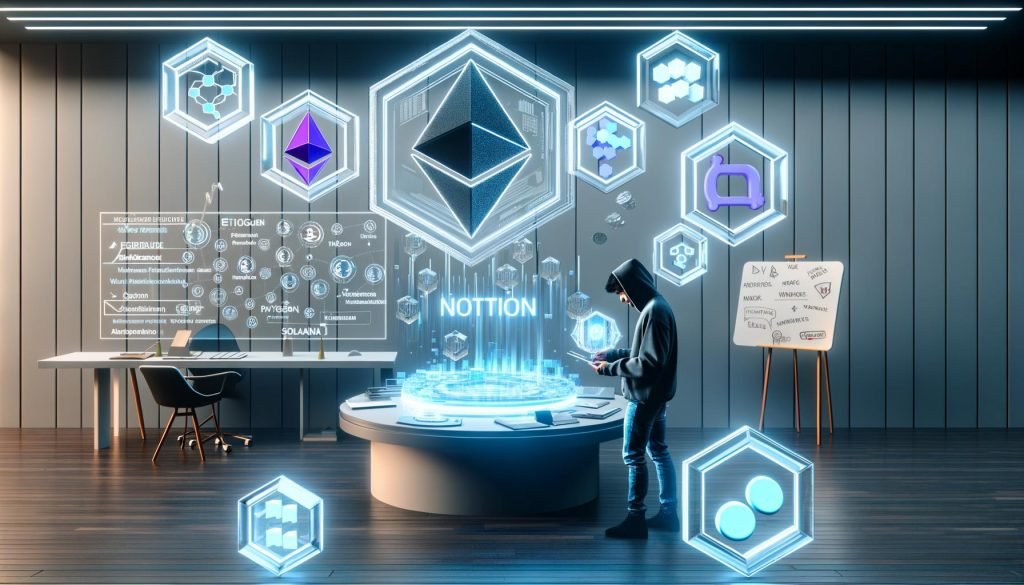 Futuristischer Arbeitsplatz 2025 mit transparentem Notion-Dashboard, Blockchain-Logos, NFTs, Automatisierungs-Tools und Avatar am Hologramm-Interface, Diagramme im Hintergrund.