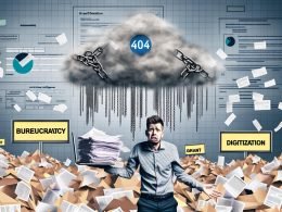 Modern illustriertes Magazincover mit frustriertem jungen Tech-Gründer, Papierbergen, Ketten und digitalen Symbolen vor grauer Wolke. Begriffe wie Bürokratie und Digitalisierung sind sichtbar.