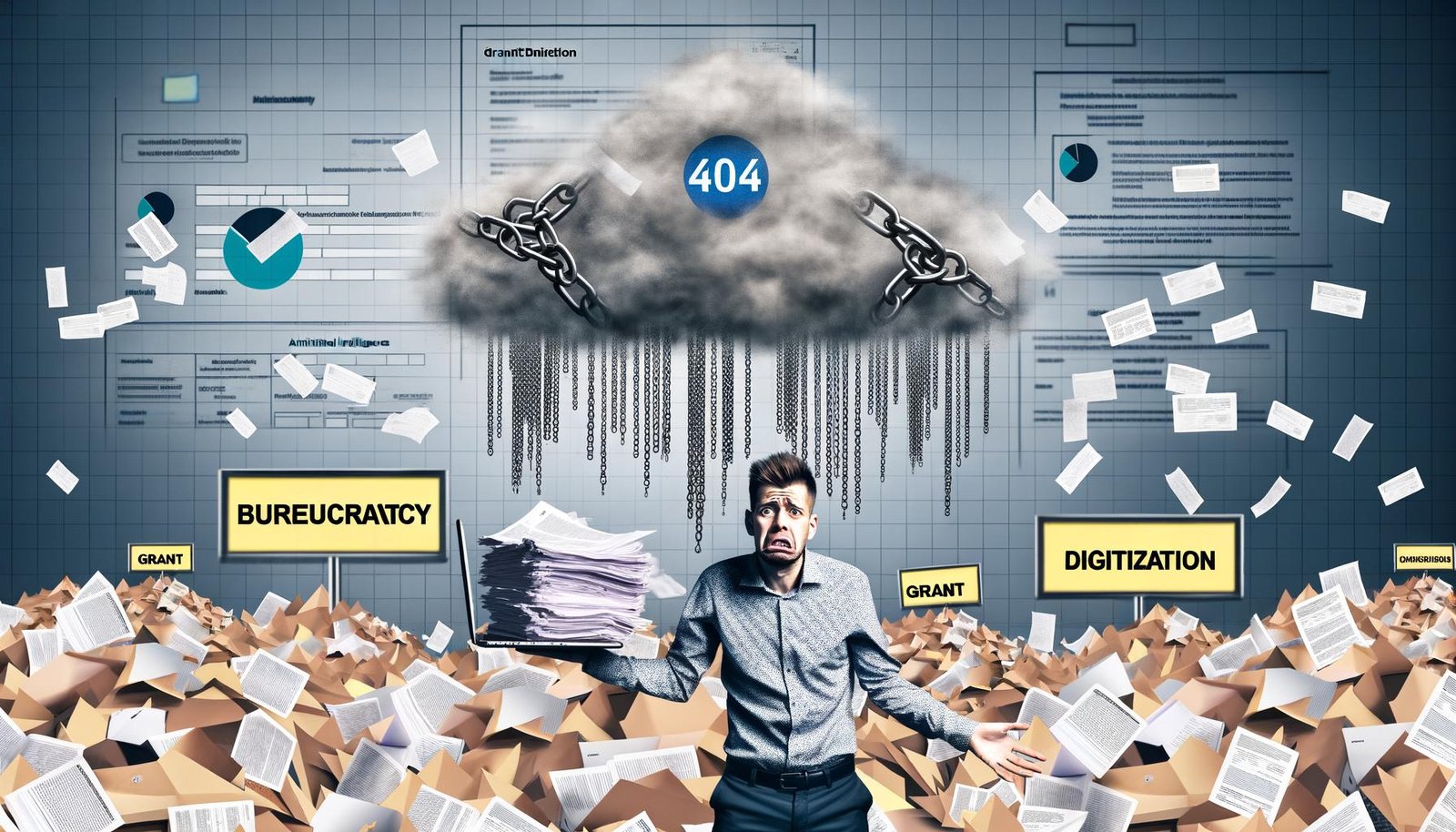 Modern illustriertes Magazincover mit frustriertem jungen Tech-Gründer, Papierbergen, Ketten und digitalen Symbolen vor grauer Wolke. Begriffe wie Bürokratie und Digitalisierung sind sichtbar.