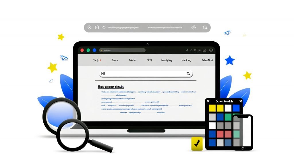 Minimalistische Illustration eines Laptops mit einer barrierefreien Website, klarer Navigationsleiste, deutlichen Überschriften und kontrastreichem Design. Unten Werkzeuge für SEO, Screenreader und Farbkontrolle sowie Top-Ranking-Anzeige im Hintergrund.