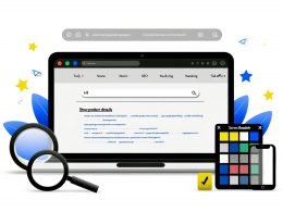 Minimalistische Illustration eines Laptops mit einer barrierefreien Website, klarer Navigationsleiste, deutlichen Überschriften und kontrastreichem Design. Unten Werkzeuge für SEO, Screenreader und Farbkontrolle sowie Top-Ranking-Anzeige im Hintergrund.
