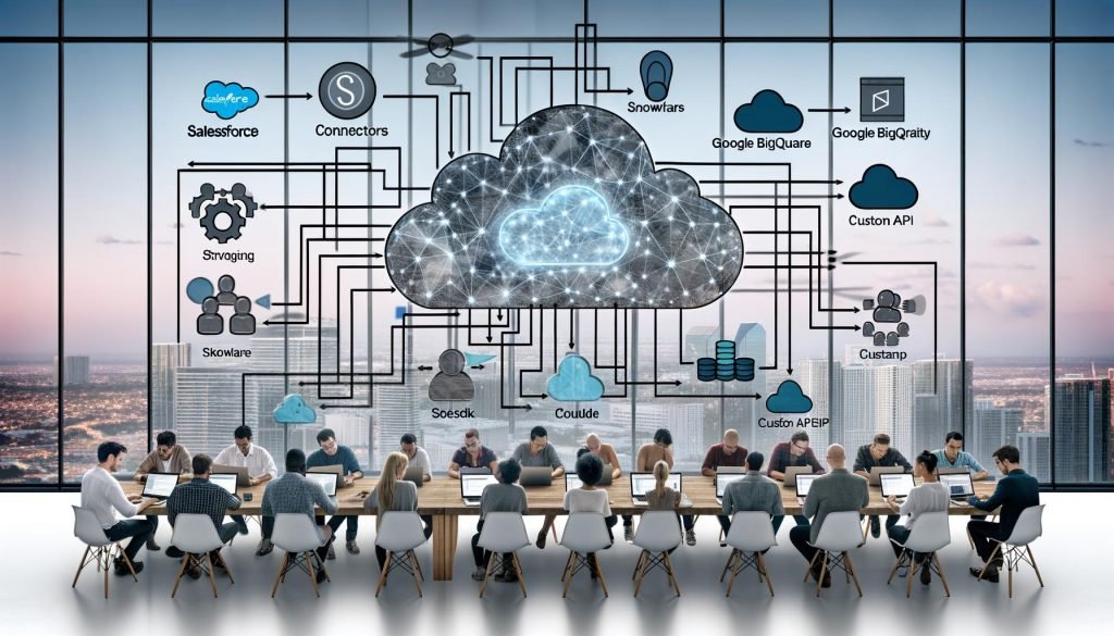 Team arbeitet an modernen Laptops und plant Airbyte Cloud Function Workflows zwischen SaaS-Anwendungen wie Salesforce, Google BigQuery, Snowflake, S3 und individuellen APIs.