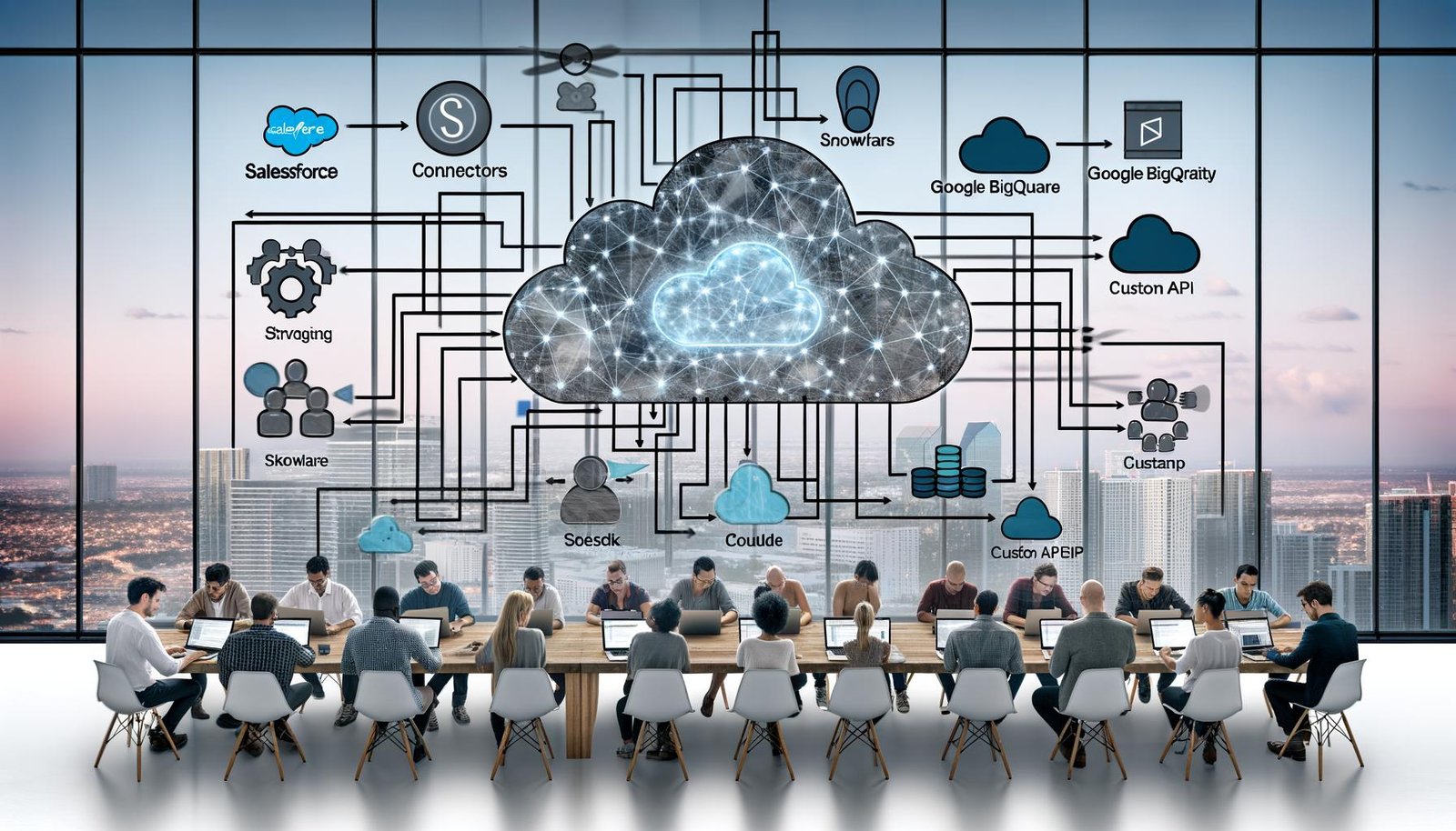 Team arbeitet an modernen Laptops und plant Airbyte Cloud Function Workflows zwischen SaaS-Anwendungen wie Salesforce, Google BigQuery, Snowflake, S3 und individuellen APIs.