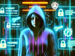 Düster-futuristische Illustration eines Marketing-Managers im Hoodie vor holografischen Datenschirmen, Datenschutz-Symbol und durchgestrichenen Third-Party Cookies im Serverraum.