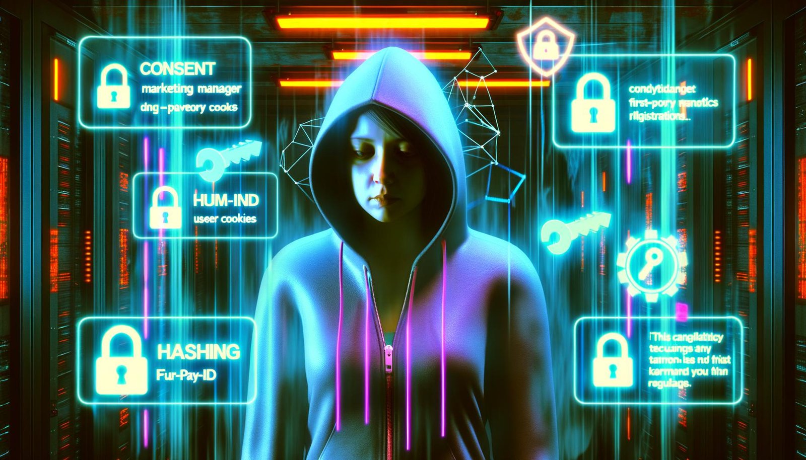 Düster-futuristische Illustration eines Marketing-Managers im Hoodie vor holografischen Datenschirmen, Datenschutz-Symbol und durchgestrichenen Third-Party Cookies im Serverraum.