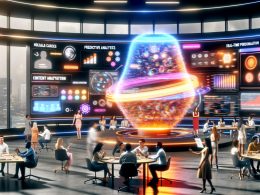 Futuristisches Marketingbüro 2025 mit Marketer:innen und Entwickler:innen an Hologrammen, Datenbildschirmen, KI-Dashboards und einem kreativen KI-Kern