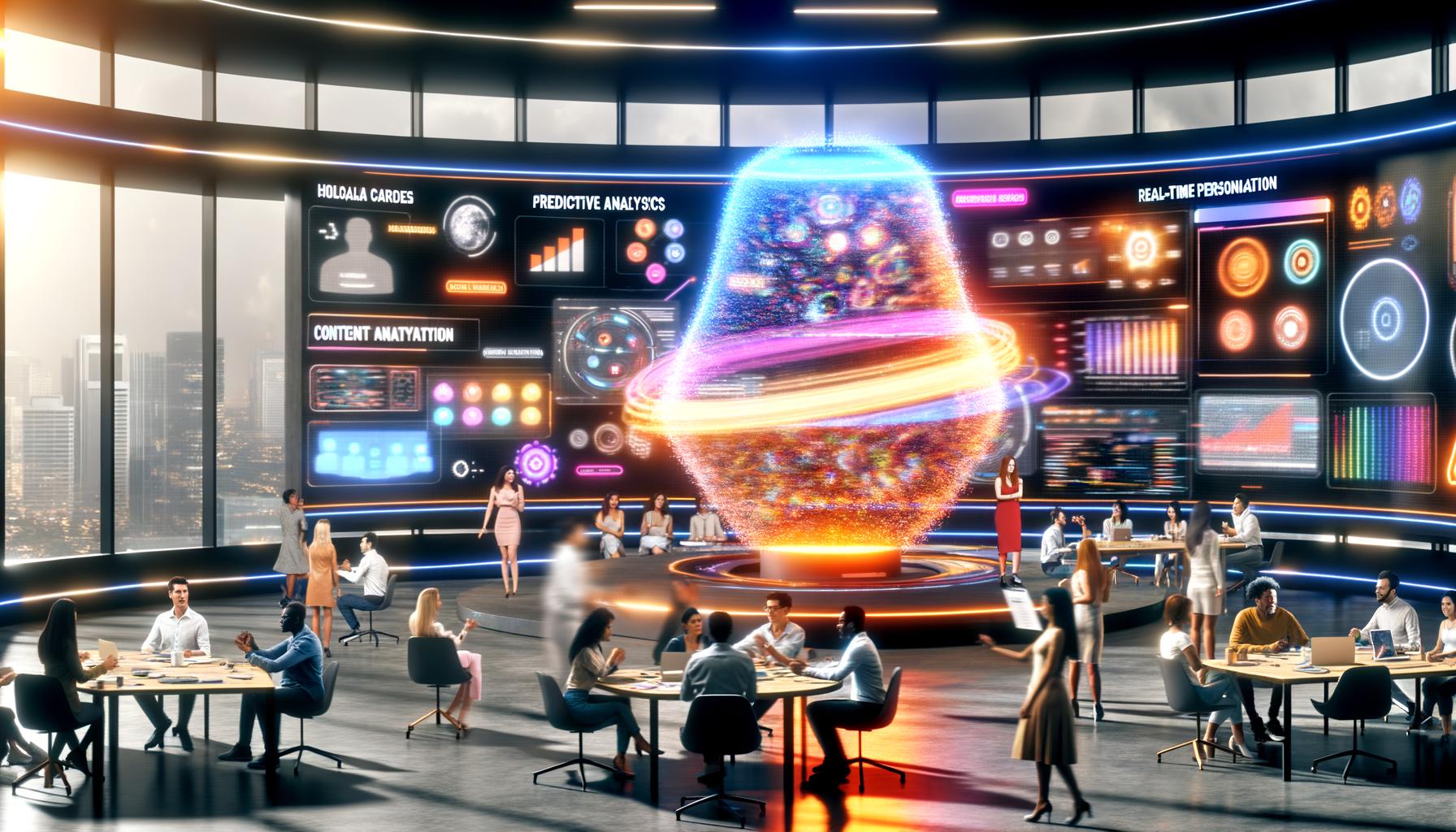 Futuristisches Marketingbüro 2025 mit Marketer:innen und Entwickler:innen an Hologrammen, Datenbildschirmen, KI-Dashboards und einem kreativen KI-Kern