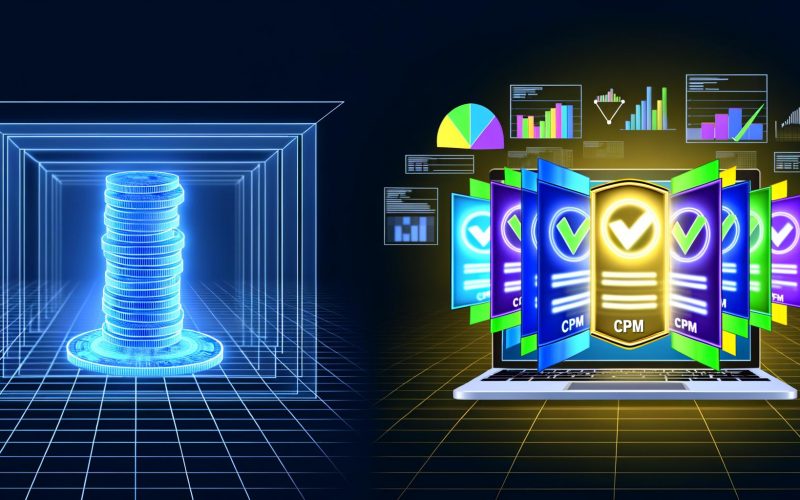 Moderne Grafik zeigt unsichtbare und sichtbare Banneranzeigen auf einem Computerbildschirm mit Fokus auf Viewable CPM und Analyse-Elementen.