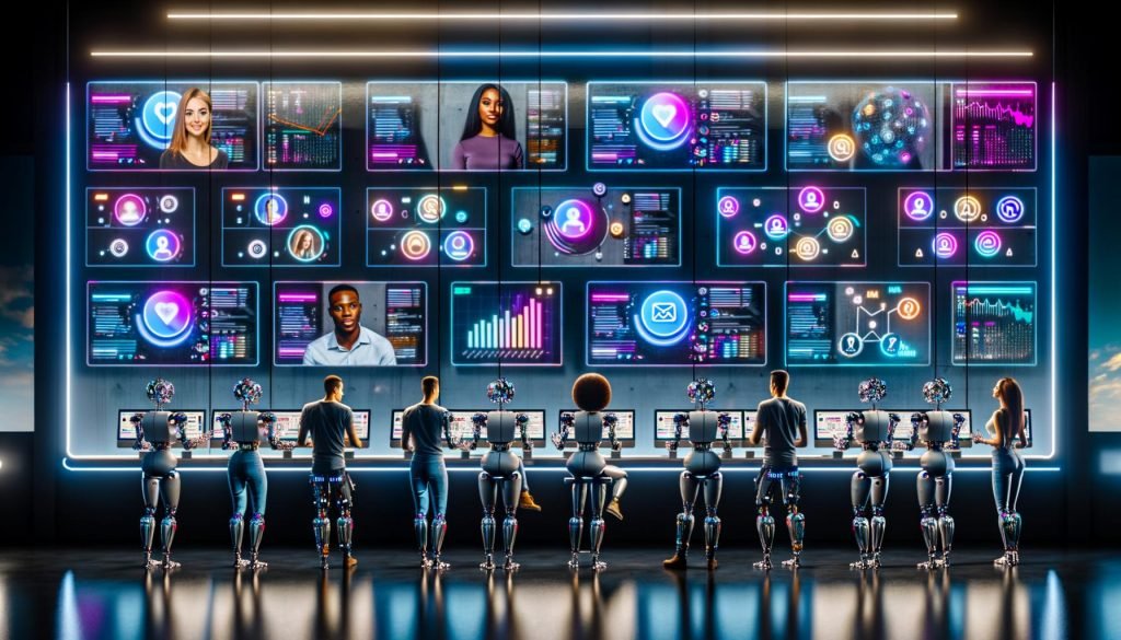 Futuristische Social Media-Zentrale mit interaktiven Dashboards, robotergesteuerter Automation und diversen Profis bei der Analyse von Echtzeitdaten