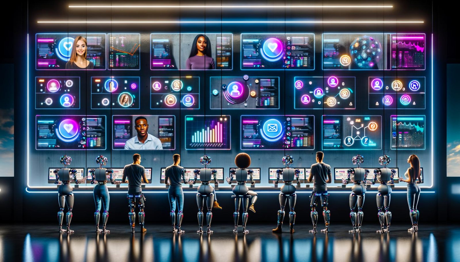Futuristische Social Media-Zentrale mit interaktiven Dashboards, robotergesteuerter Automation und diversen Profis bei der Analyse von Echtzeitdaten