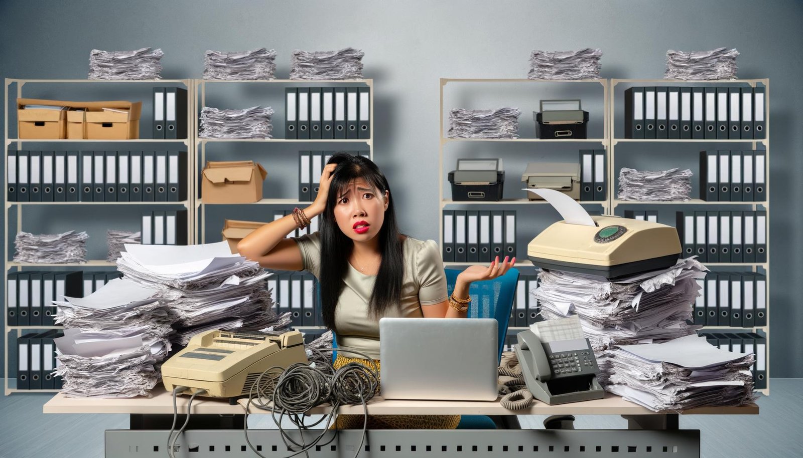 Junger Unternehmer sitzt erschöpft zwischen Aktenbergen, Papierkram, analogen Geräten und vernachlässigtem Laptop, umgeben von grauen Bürowänden mit Aktenschränken.