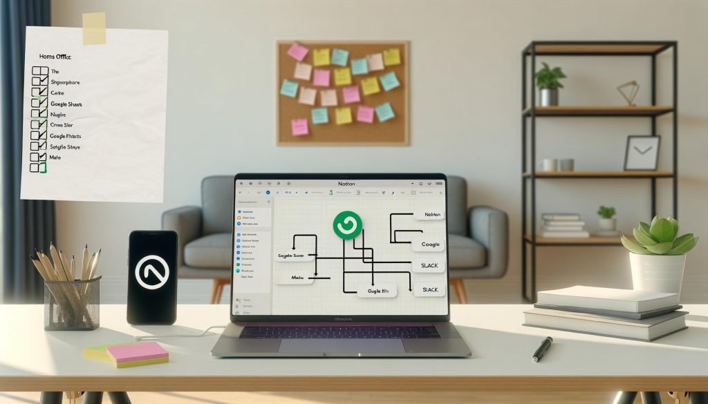 Minimalistisch eingerichtetes Home-Office mit offenem Notion-Laptop, geordneten Notizzetteln, Smartphone mit Zapier-Logo und grafischer Darstellung von Automatisierungs-Workflows zwischen verschiedenen Tools. Im Vordergrund schwebt eine große Checkliste.