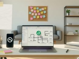 Minimalistisch eingerichtetes Home-Office mit offenem Notion-Laptop, geordneten Notizzetteln, Smartphone mit Zapier-Logo und grafischer Darstellung von Automatisierungs-Workflows zwischen verschiedenen Tools. Im Vordergrund schwebt eine große Checkliste.