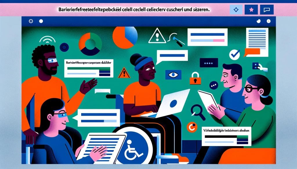 Vielfältige Nutzer mit Seh-, Motorik- und kognitiven Einschränkungen interagieren mühelos mit digitalen Geräten vor einer barrierefreien Website mit Fokusindikatoren, hohem Kontrast und Alt-Text-Symbolen.