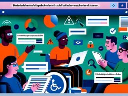 Vielfältige Nutzer mit Seh-, Motorik- und kognitiven Einschränkungen interagieren mühelos mit digitalen Geräten vor einer barrierefreien Website mit Fokusindikatoren, hohem Kontrast und Alt-Text-Symbolen.