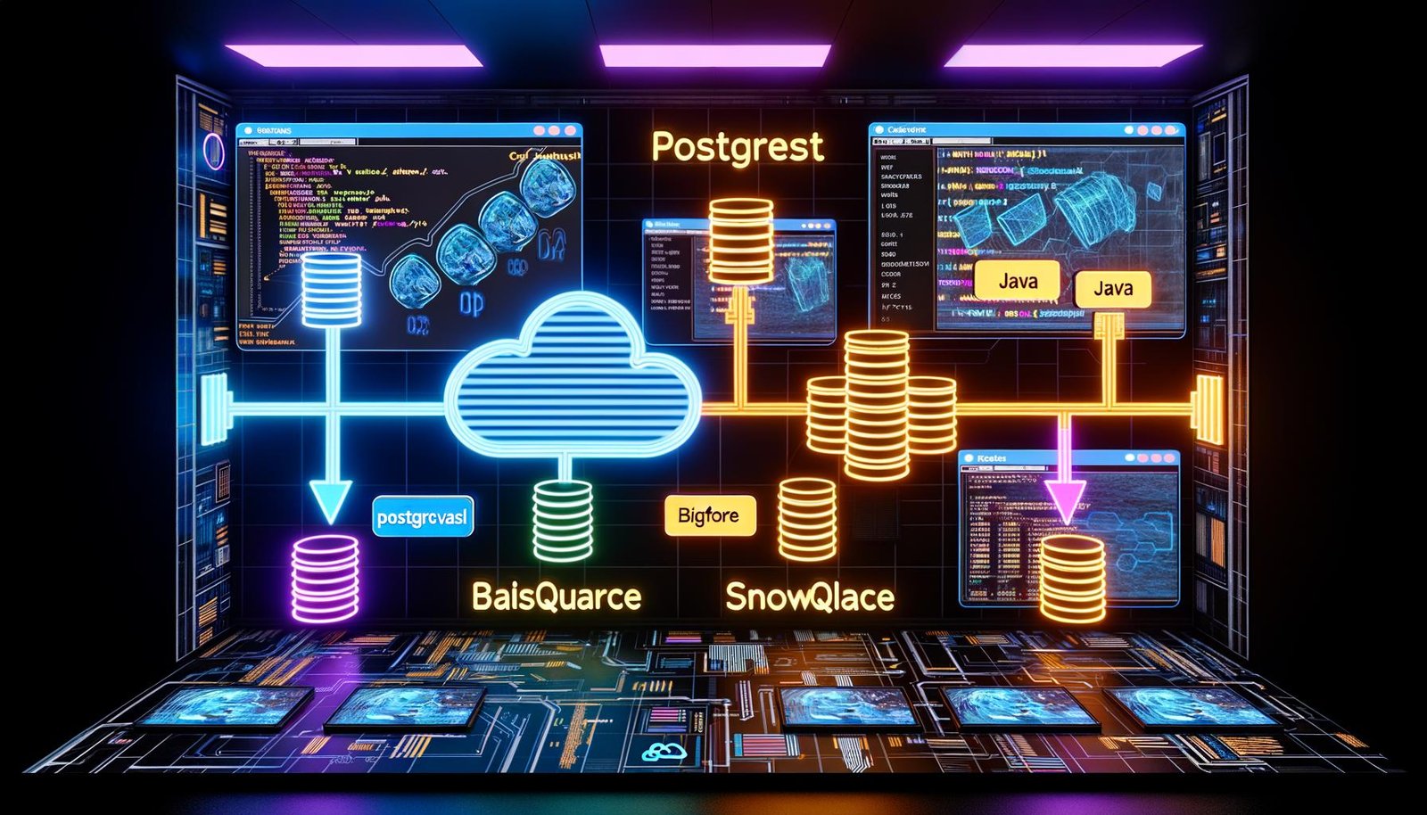 Hightech Datenzentrum mit Airbyte, Docker-Microservices, Datenquellen-Logos, technische Dashboards und deutschen Profi-Tipps auf Screens und Notizen.