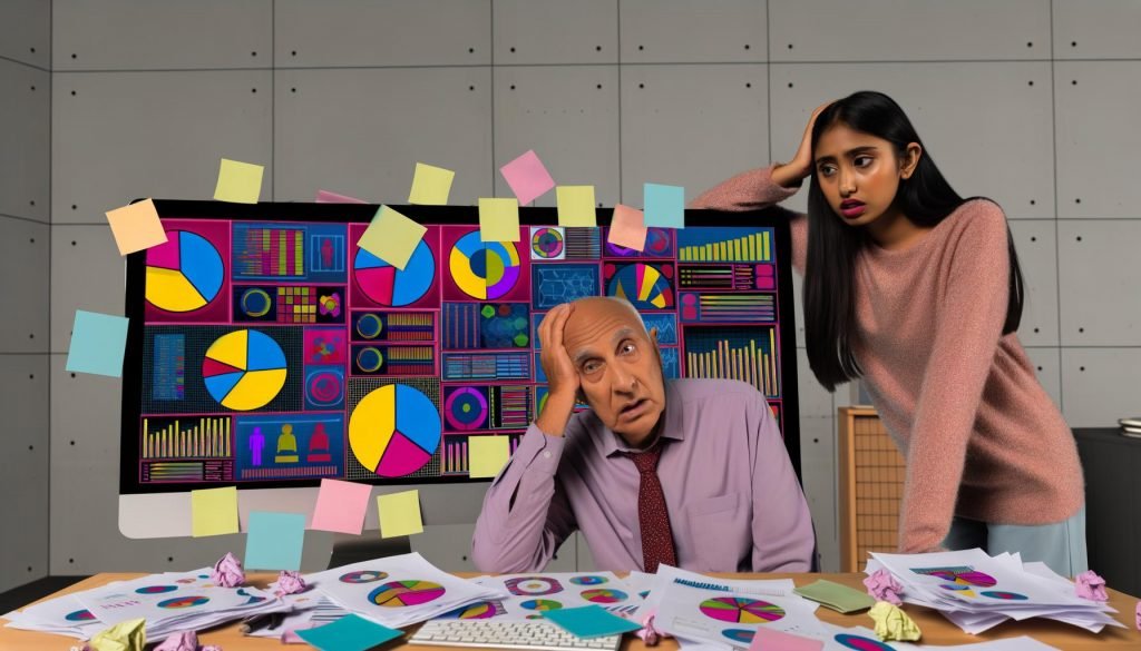 Gestresste Geschäftsleute in moderner Büroumgebung, verwirrt vor chaotischen und unübersichtlichen Datenvisualisierungen auf einem großen Bildschirm