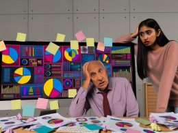 Gestresste Geschäftsleute in moderner Büroumgebung, verwirrt vor chaotischen und unübersichtlichen Datenvisualisierungen auf einem großen Bildschirm