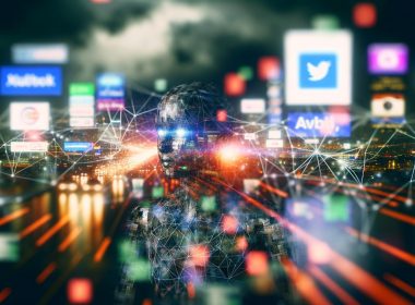 Humanoider, digital-abstrakter KI-Avatar vor futuristischer Großstadt mit Datenströmen und Social-Media-Screens