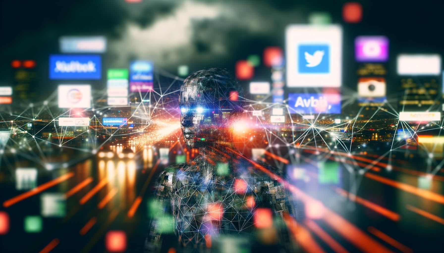 Humanoider, digital-abstrakter KI-Avatar vor futuristischer Großstadt mit Datenströmen und Social-Media-Screens