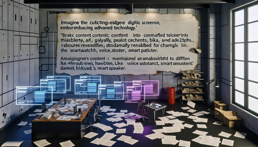 Technikaffiner Marketer steuert ein futuristisches Interface mit modularen Content-Atomen, während im Hintergrund alte Papierdokumente dem klaren, digitalen Workspace gegenüberstehen.