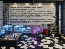 Technikaffiner Marketer steuert ein futuristisches Interface mit modularen Content-Atomen, während im Hintergrund alte Papierdokumente dem klaren, digitalen Workspace gegenüberstehen.