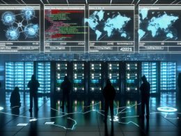 Futuristischer Maschinenraum mit Server-Racks, Hologrammen, Codezeilen, Gestalten in Hoodies und Tracking-Diagrammen vor moderner High-Tech-Kulisse.