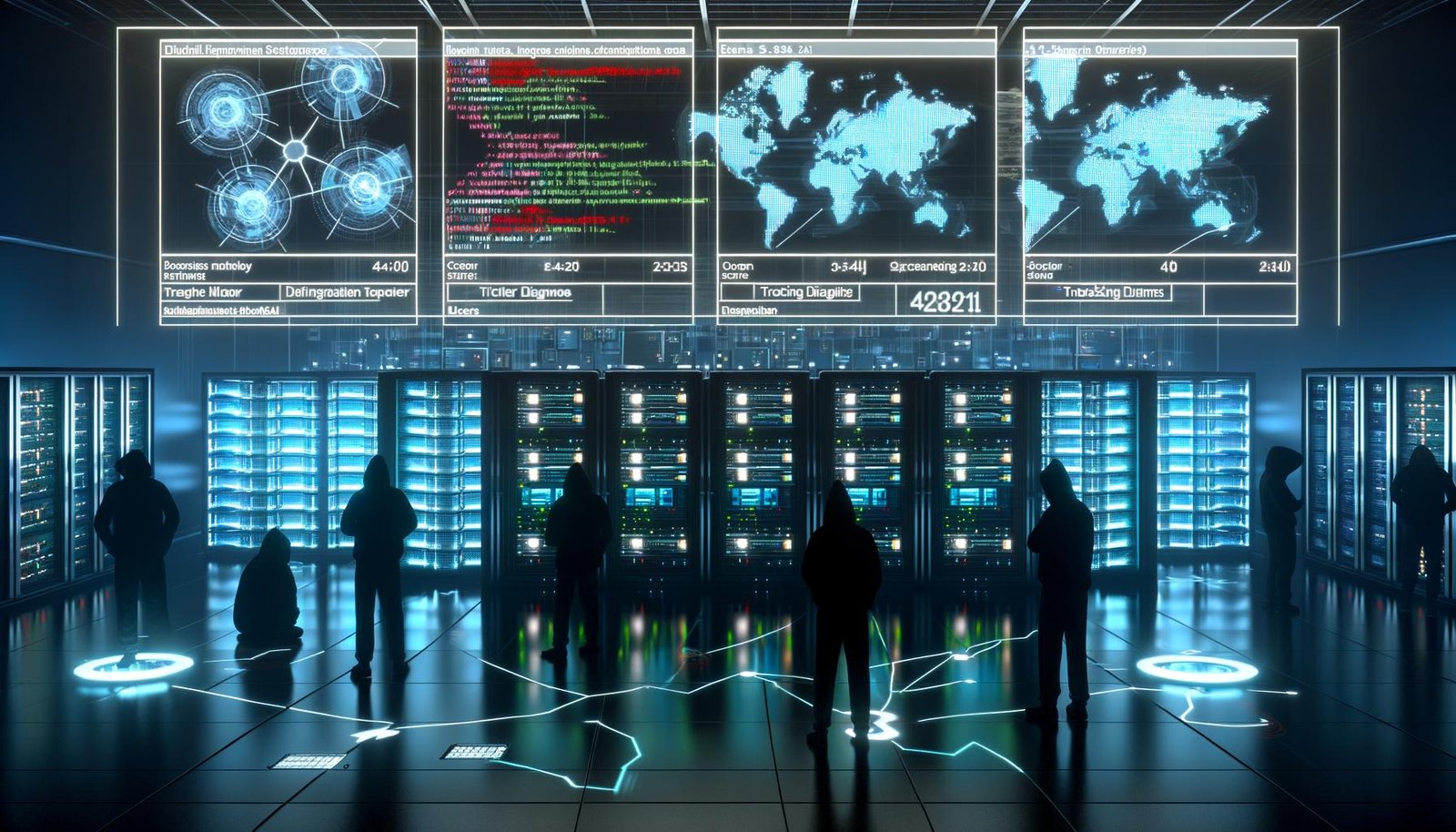 Futuristischer Maschinenraum mit Server-Racks, Hologrammen, Codezeilen, Gestalten in Hoodies und Tracking-Diagrammen vor moderner High-Tech-Kulisse.