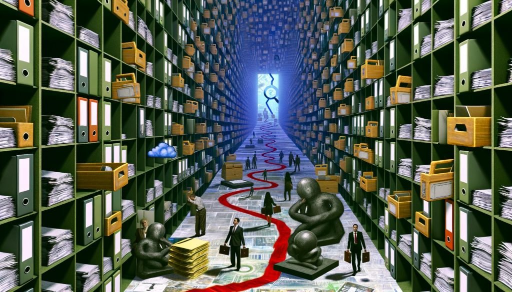 Junge Start-up-Gründer werden mit Laptops und Kreativskizzen von übergroßen Stempeln, Aktenstapeln und Beamten in einem verworrenen Bürokratie-Labyrinth blockiert, während Banker im Licht stehen.