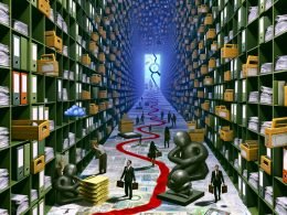 Junge Start-up-Gründer werden mit Laptops und Kreativskizzen von übergroßen Stempeln, Aktenstapeln und Beamten in einem verworrenen Bürokratie-Labyrinth blockiert, während Banker im Licht stehen.