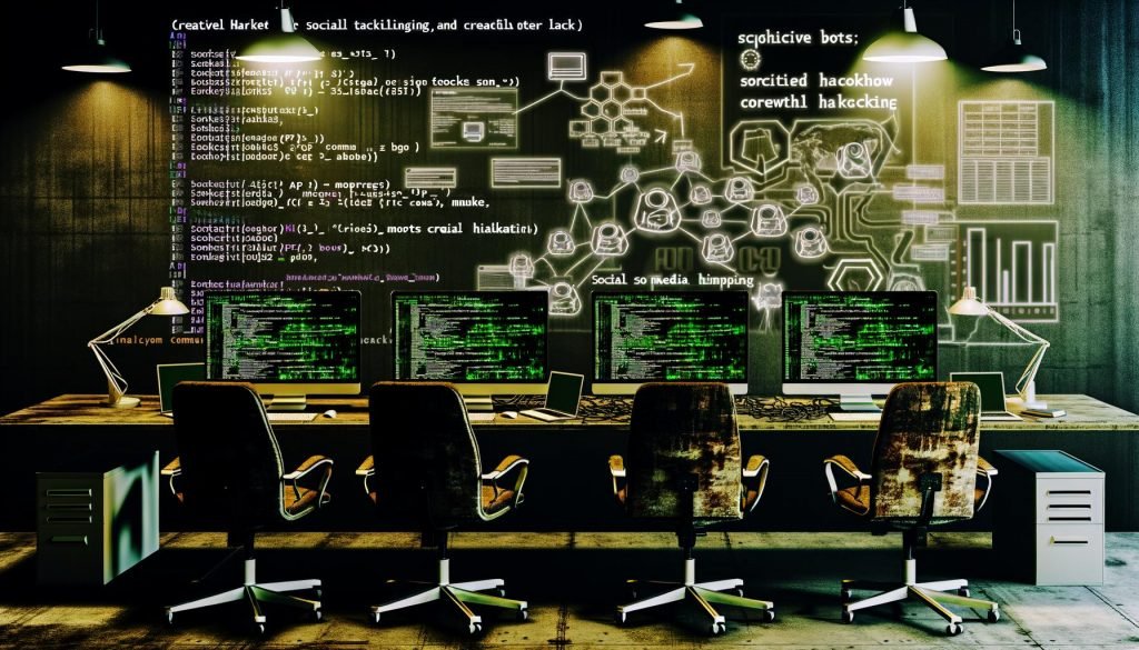 Düster-moderner Arbeitsbereich mit mehreren Monitoren voller Codezeilen, API-Listen, Social Media Analytics und blinkendem Python-Terminal, daneben Whiteboard mit Taktikdiagrammen, Social Media Logos im Hintergrund.