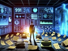 Futuristisches Marketing-Kontrollzentrum mit Marketer, digitalen Dashboards, großen Zahlen, KI-Algorithmen, alten Excel-Tabellen und Konkurrenten mit Papier und Faxgeräten im Hintergrund.