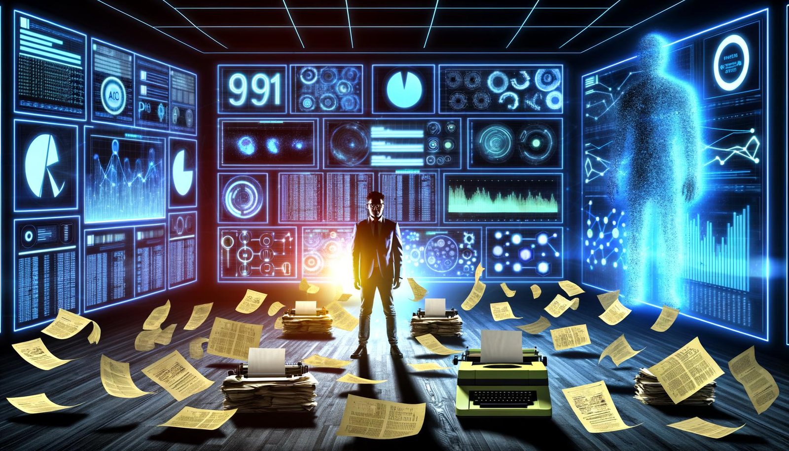 Futuristisches Marketing-Kontrollzentrum mit Marketer, digitalen Dashboards, großen Zahlen, KI-Algorithmen, alten Excel-Tabellen und Konkurrenten mit Papier und Faxgeräten im Hintergrund.