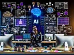 Illustration einer Marketing-Agentur 2025 mit einem Marketer vor Bildschirmen voller KI-Technologien, Datendiagrammen und menschlich gestalteten Büroelementen.