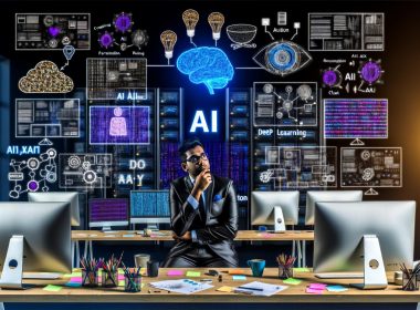 Illustration einer Marketing-Agentur 2025 mit einem Marketer vor Bildschirmen voller KI-Technologien, Datendiagrammen und menschlich gestalteten Büroelementen.