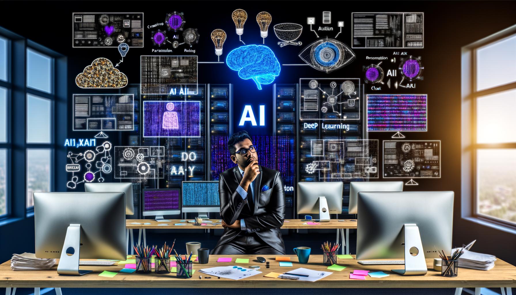 Illustration einer Marketing-Agentur 2025 mit einem Marketer vor Bildschirmen voller KI-Technologien, Datendiagrammen und menschlich gestalteten Büroelementen.