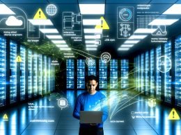 Serverraum mit Data Engineer und Hologrammen von Diagrammen, Code-Snippets und Monitoring-Dashboards, im Hintergrund Airbyte- und Orchestrierungs-Symbole sowie technische Warnhinweise.