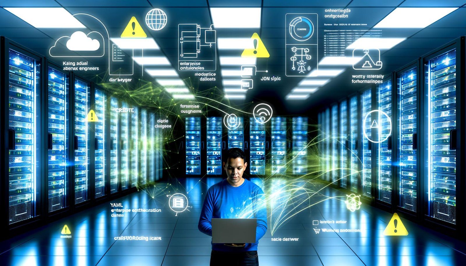 Serverraum mit Data Engineer und Hologrammen von Diagrammen, Code-Snippets und Monitoring-Dashboards, im Hintergrund Airbyte- und Orchestrierungs-Symbole sowie technische Warnhinweise.