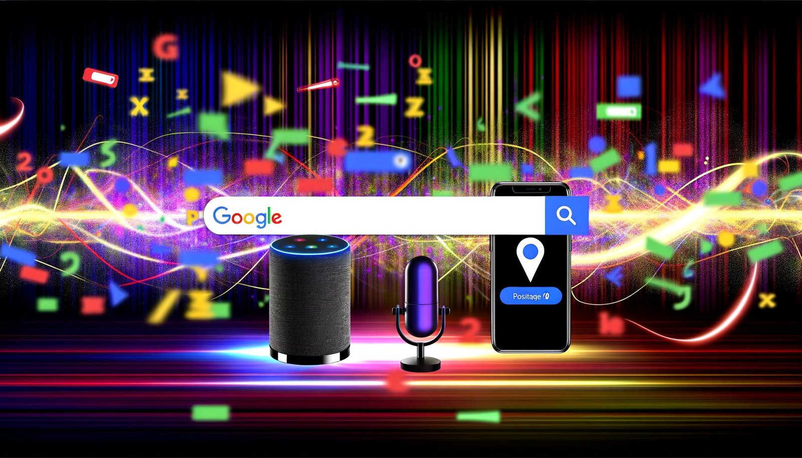 Sprachassistent-Lautsprecher neben Smartphone mit Sprachsuche, Nutzer spricht Frage ein, digitale Soundwellen und Datenströme umgeben das Set, hervorgehobene Position Zero im Google-Suchergebnis.