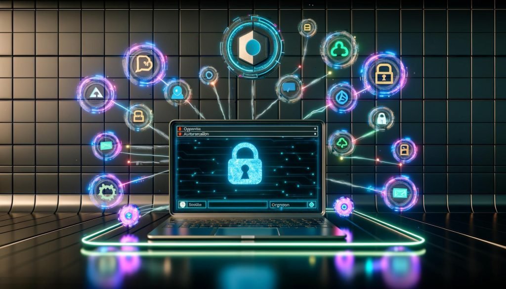 Stilisierter Laptop mit Notion-Dashboard in einem futuristischen Workspace, umgeben von Sicherheits- und Web3-Symbolen wie Blockchain, OAuth und API-Verbindungen auf dunklem Hintergrund