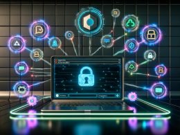 Stilisierter Laptop mit Notion-Dashboard in einem futuristischen Workspace, umgeben von Sicherheits- und Web3-Symbolen wie Blockchain, OAuth und API-Verbindungen auf dunklem Hintergrund