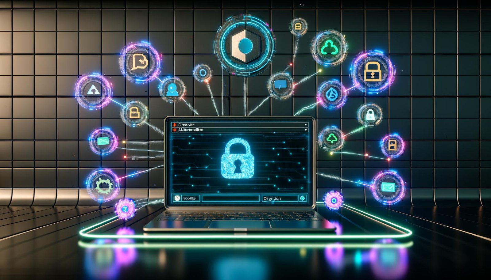 Stilisierter Laptop mit Notion-Dashboard in einem futuristischen Workspace, umgeben von Sicherheits- und Web3-Symbolen wie Blockchain, OAuth und API-Verbindungen auf dunklem Hintergrund