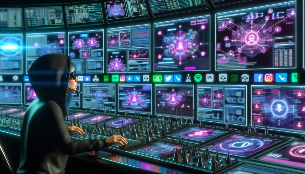 Eine Person mit Hoodie und Headset steuert in einem futuristischen Kontrollzentrum zahlreiche Monitore mit Social-Media-Analysen, Bots und Automatisierungstools, während Social-Media-Logos im Hintergrund verschwimmen.