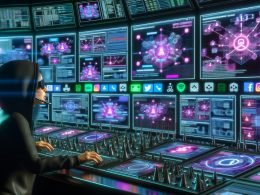 Eine Person mit Hoodie und Headset steuert in einem futuristischen Kontrollzentrum zahlreiche Monitore mit Social-Media-Analysen, Bots und Automatisierungstools, während Social-Media-Logos im Hintergrund verschwimmen.