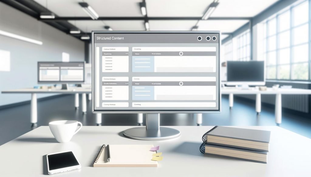 Moderner Arbeitsplatz mit großem Monitor, darauf ein strukturiertes Content-Dashboard sichtbar; Notizblöcke, Smartphone und Kaffeetasse auf dem Tisch, weitere Arbeitsplätze im Hintergrund.