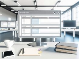 Moderner Arbeitsplatz mit großem Monitor, darauf ein strukturiertes Content-Dashboard sichtbar; Notizblöcke, Smartphone und Kaffeetasse auf dem Tisch, weitere Arbeitsplätze im Hintergrund.