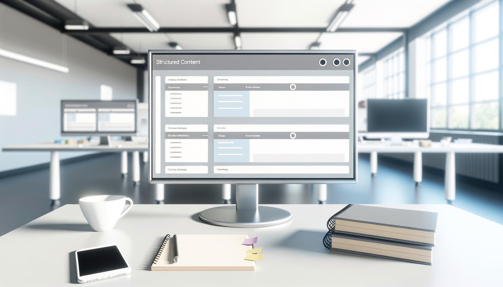 Moderner Arbeitsplatz mit großem Monitor, darauf ein strukturiertes Content-Dashboard sichtbar; Notizblöcke, Smartphone und Kaffeetasse auf dem Tisch, weitere Arbeitsplätze im Hintergrund.